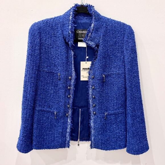 Vintage Chanel Tweed Open Front Blazer w/ Gunmetal Hardware Blue Womens 36/US 4 - Picture 1 of 4